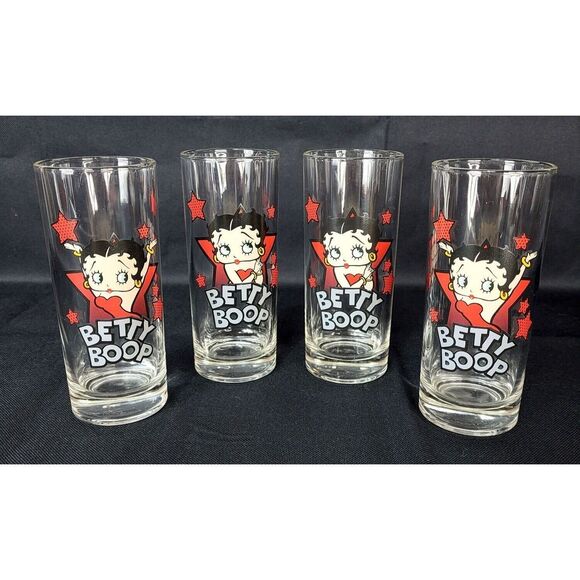 VTG Betty Boop KFS/FS Heavy Bottom Hearst Hi-Ball Glass Set of Four Red Stars - Picture 2 of 7